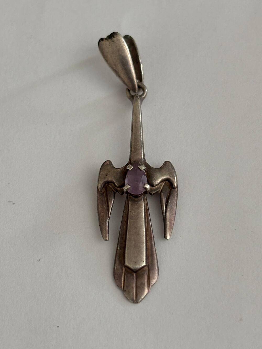 Sterling Silver Pendant Stylized Bird Amethyst Stone